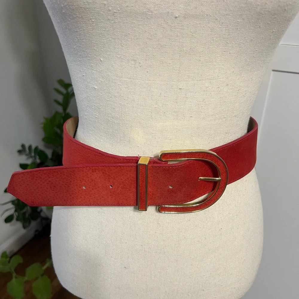 Chic Red Leather Belt with Gold Buckle